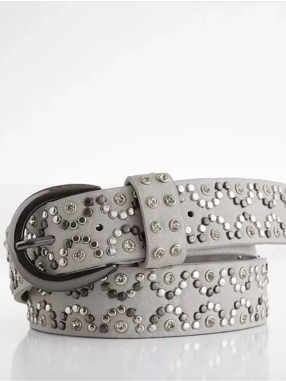NWT Buckle BKE Studded Glitz Gray Silver Faux Leather Rhinestone 1 3/8” Belt - L